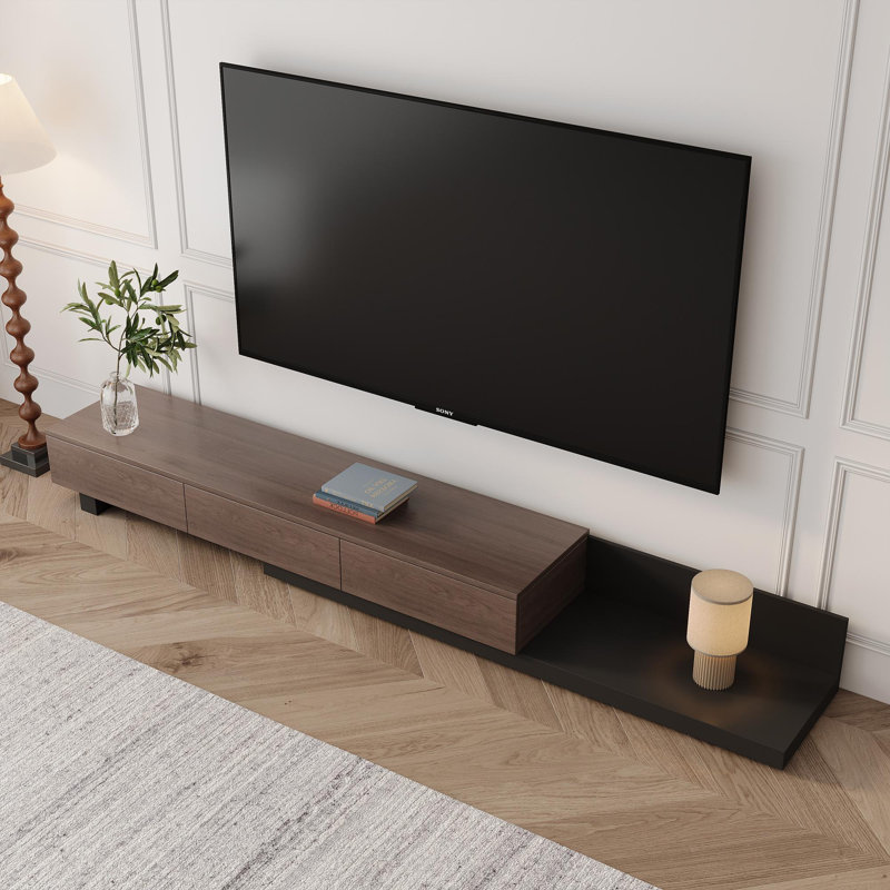  Carmavy 74.87" W Manufactured Wood Extendable TV Stand with Storage Drawers and Open Shelf, Walnut/Matte Black