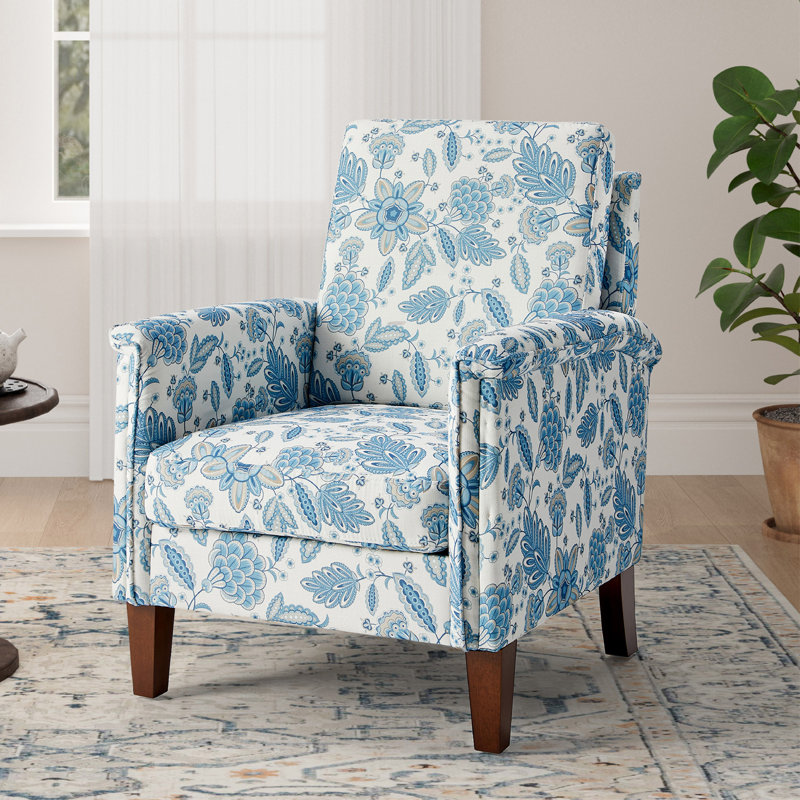 29" Wide Floral Upholstered Armchair With Solid Wood Legs, Traditional Accent Chair, Blue