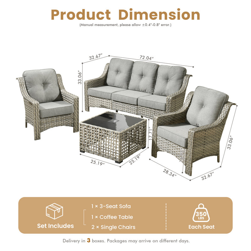 5 - Person Wicker Outdoor Conversation Set, Patio Sofa Set with Lighted Coffee Table and Cushions, Gray