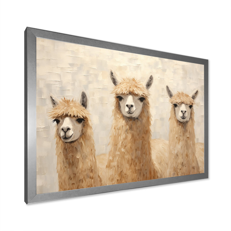 Minimalisme, Alpagas mignons sur toile, Cadre simple argenté, H 34 po x l 44 po x P 1,5 po