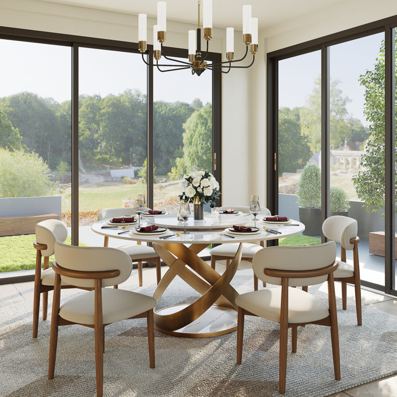  Table de salle à manger ronde moderne, plateau de table en pierre frittée avec plateau tournant, base en acier au carbone pré-assemblée