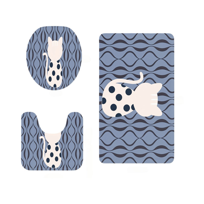 Tapis de douche 3 pièces à pois bleu ardoise pour décor minimaliste, White/Blue Polka Dot Cat