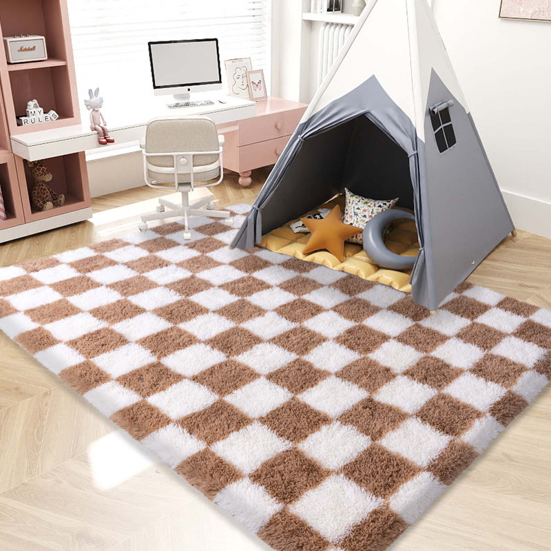 Checkered Fluffy Rug 6x9 Ft Washable Shaggy Fluffy Rug for Bedroom Living Room Plaid Runner Rug Fuzzy Shag Carpet Non-Slip for Kids Toddler Room Nursery Playroom