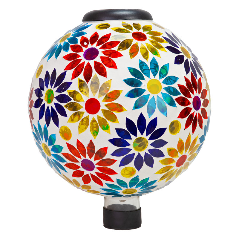 Globe terrestre extérieur en verre mosaïque 10 "avec fleurs solaires Vas Blue Cool Blossoms, Dahlias d'été, Simple