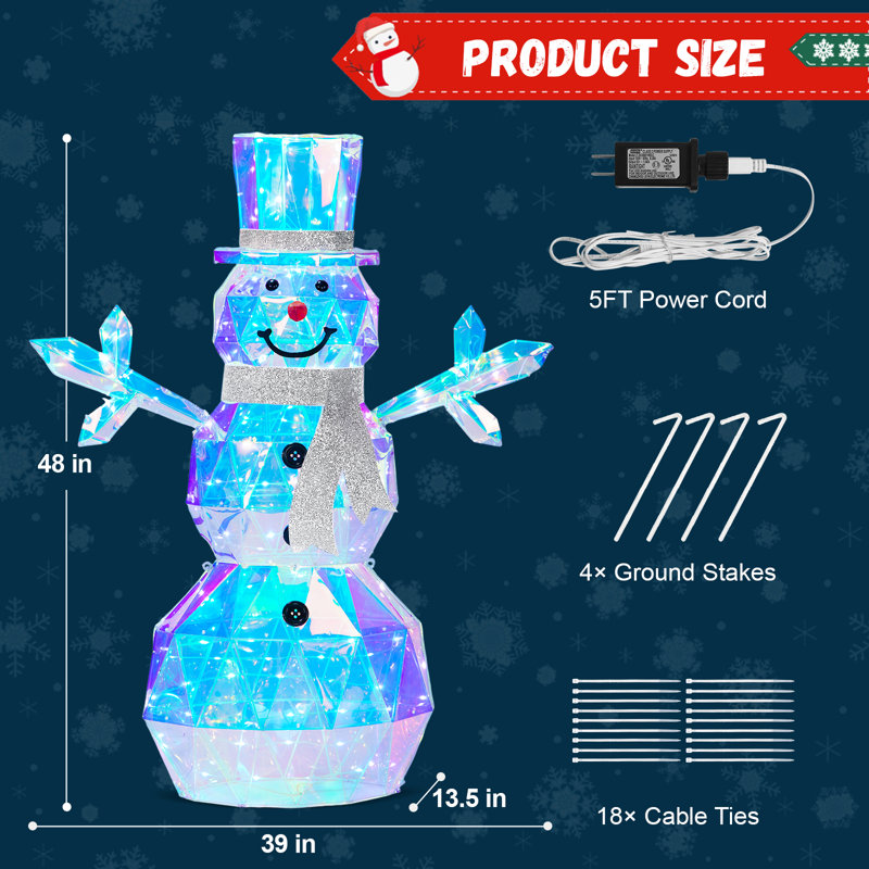 Bonhomme de neige prismatique 48 po pré-éclairé, bonhomme de neige extérieur irisé 140 LED, bonhomme de neige illuminé, piquets, attaches à fermeture à glissière, décorations de Noël imperméables pour la pelouse, la cour, le jardin, le patio