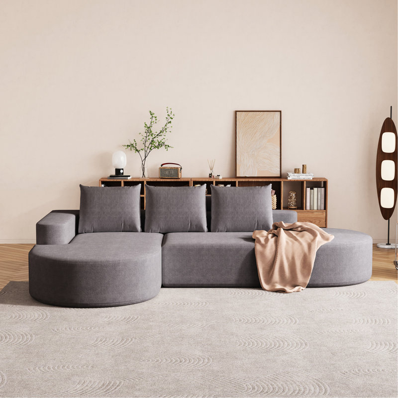 Canapé rembourré en chenille moderne avec 3 coussins, en forme de L 108,5 po, pour salon et chambre à coucher, gris, sièges, confortable, respirant, sans assemblage, lignes arrondies, forme haute résilience