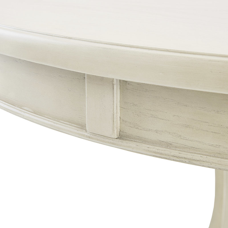 Table de salle à manger ronde 44 po couleur crème antique, placage et pieds en bois massif, 4 à 6 couverts, assemblage requis, outils fournis. Table couleur crème, plateau et piètement inclus.