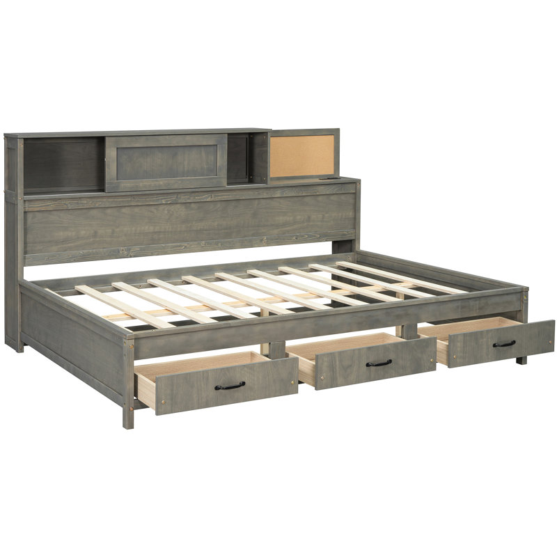 Full Size Gray Wooden Daybed With Storage Function, Shelf, And Device - Charging Outlets For Electronics Daybed, Offering 3 Drawers, Tech