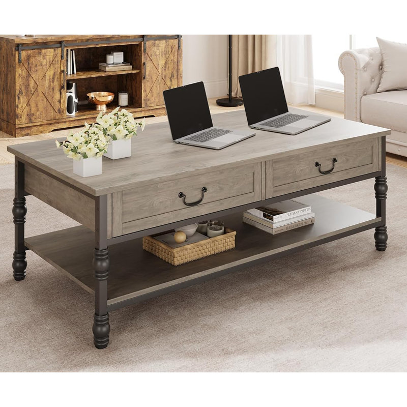 Table basse avec tiroirs, tables basses en bois de style Mid-Century, salon, Gris, Gris