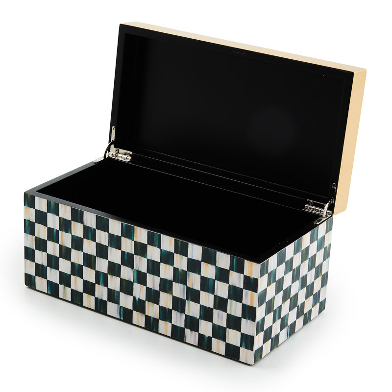 Courtly Check Large Lacquer Decorative Box With Gold Hinged Lid, 6.60" H x 11" W x 5.75" D, Black/White/Gold