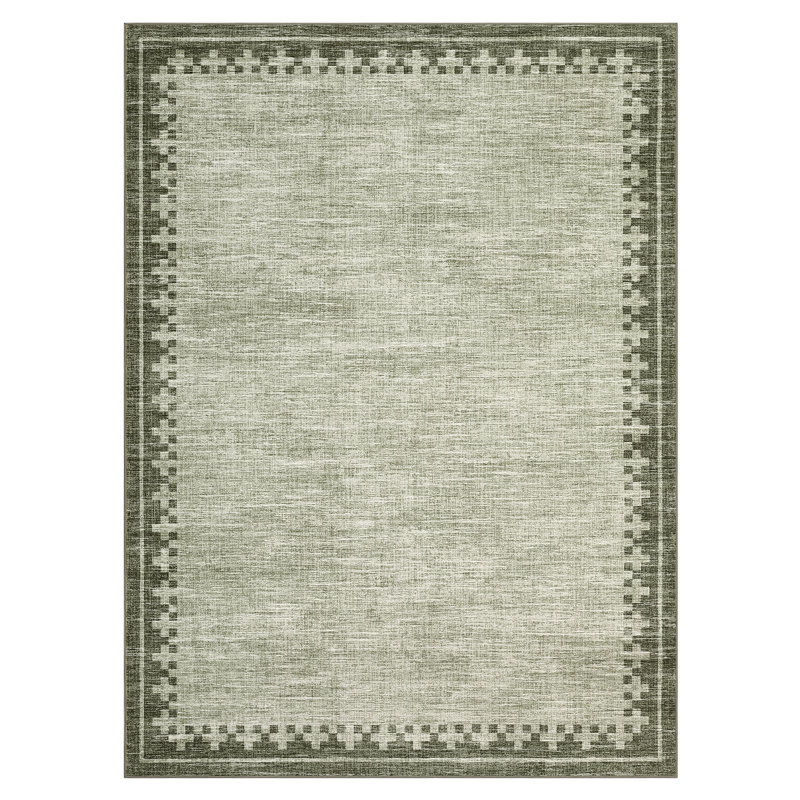 Modern Bordered Washable Area Rugs for Living Room Bedroom, Stain Resistant & Non Shedding Cozy Soft Low Pile Carpet, Green