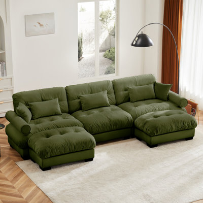 Canapé deux places surdimensionné avec repose-pieds, repose-pieds en velours 2 places avec accoudoirs ronds, avec coussin de taille et coussins décoratifs, vert olive