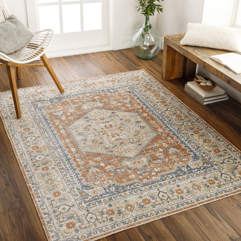 Tapis oriental orange brûlé lavable à la machine Kissena, Rectangle 5 pi 3 po x 7 pi