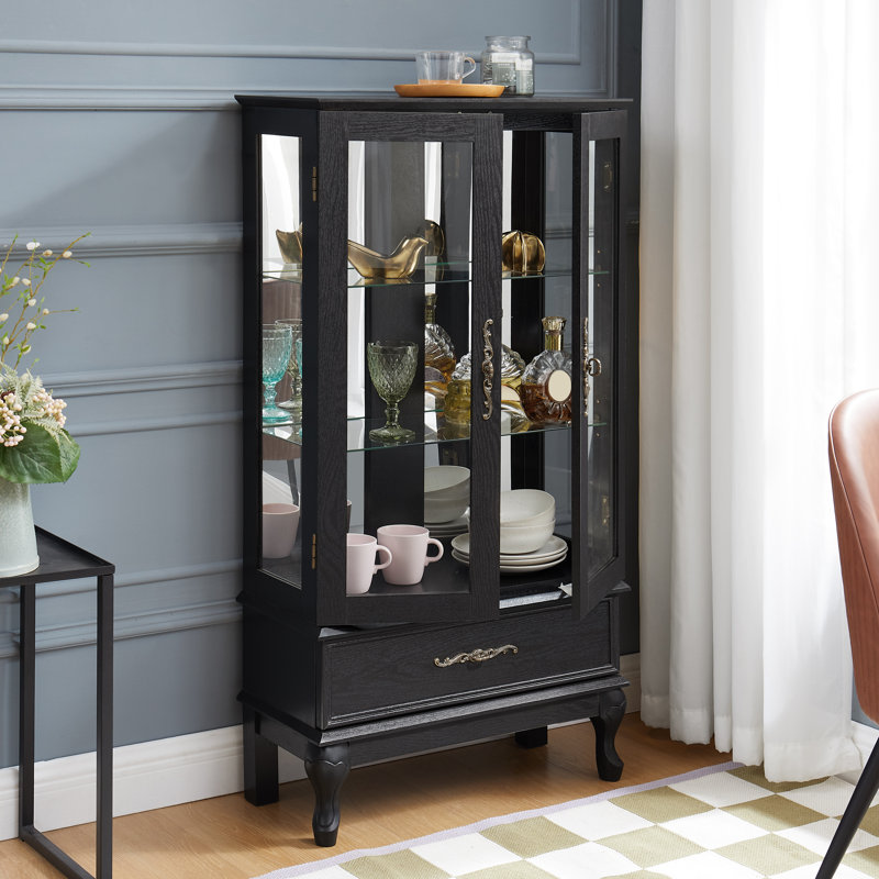 Vitrine lumineuse - Vitrine élégante en verre avec tablettes réglables, 2 portes et 1 tiroir, Noir