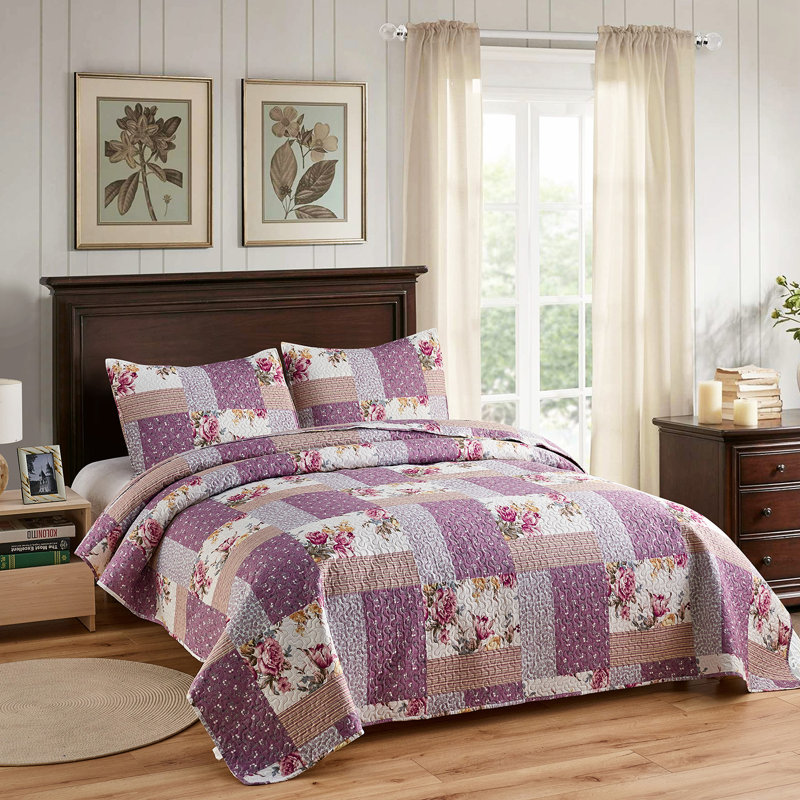 Ensemble de courtepointe réversible en microfibre mauve clair 3 pièces QSM04210203