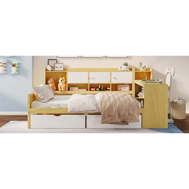 Wooden L-Shape Daybed with Seven Storage Cabinets and Two Storage Drawers, Multi-functional Bed with Study Desk and Built-in Bookshelf