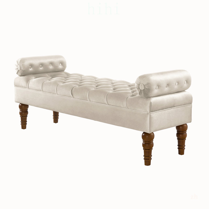 Banc long luxueux recouvert de velours avec boutons capitonnés, idéal pour la chambre et le salon, construction robuste en bois massif