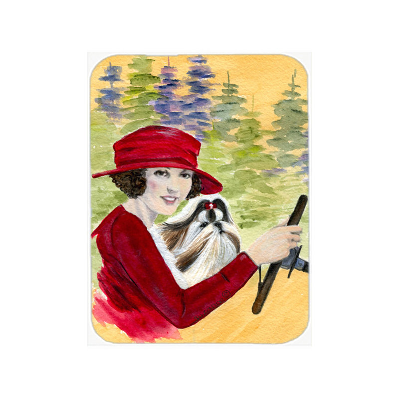 Lady Driving with Her Shih Tzu Glass Cutting Board