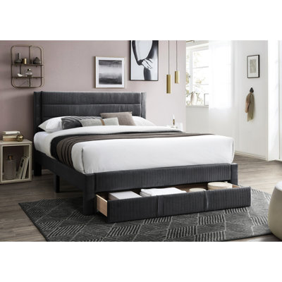 Grand lit avec tête de lit en velours côtelé - Pochette de rangement anthracite et sous le lit dans un tiroir de style moderne
