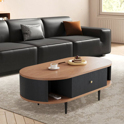47.2" Fluted Vintage Coffee Table With A Drawer, Mid-Century Modern Coffee Table, Scandinavian Style