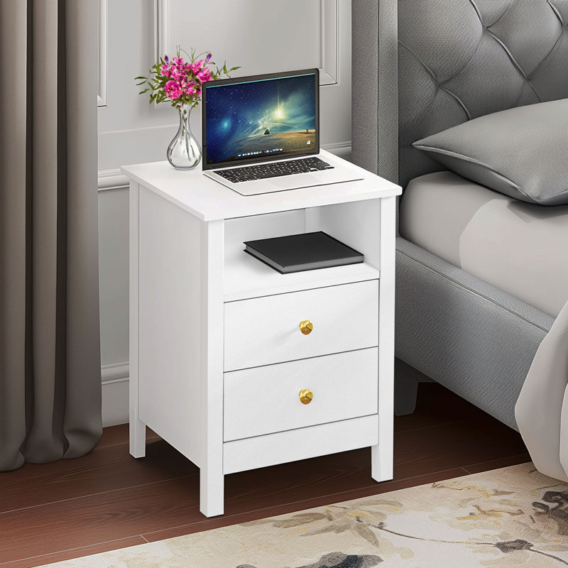 Senara 2-Drawer Modern Nightstands with Built-in Charging Station, 2pcs, White