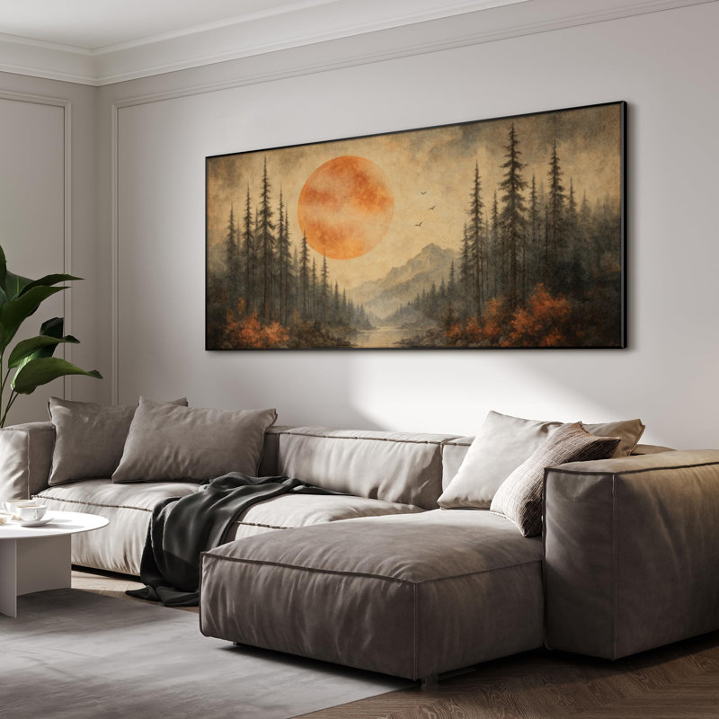 Extra Large Wall Art Fabric Print - Rustic Sunset Over Forest and River Landscape Artwork Decor for Living Room or Bedroom - "Frame Assembly Required (Unfinished Frame)"