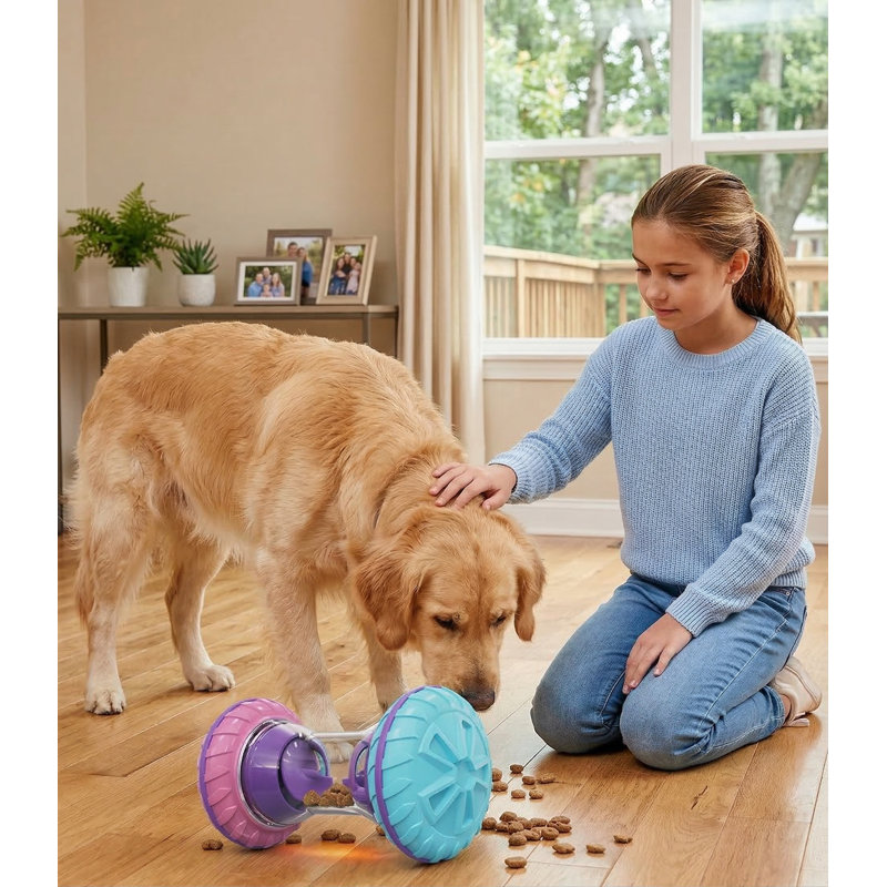 Jouet interactif pour chien avec haltères interactif, distribution de friandises réglable, roulement silencieux pour appartement, rose