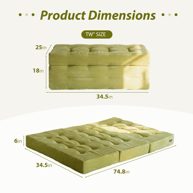 Tri-Fold Velours côtelé 6 po, Lit simple, Vert