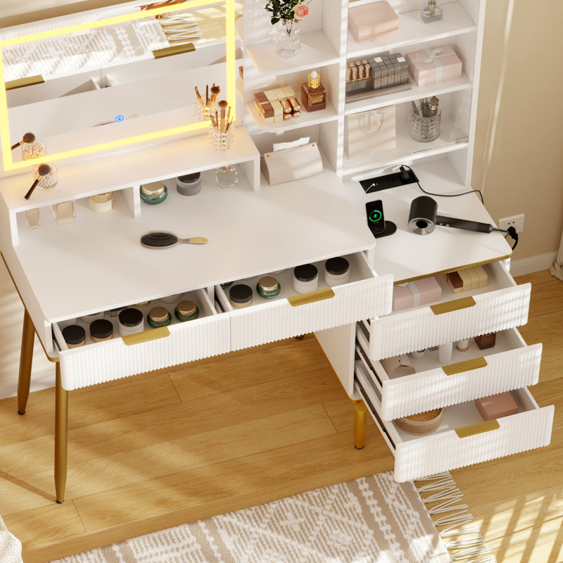 Bureau de maquillage avec miroir et prise de courant, coiffeuse moderne avec 5 tiroirs et tablette de rangement, coiffeuse pour femmes filles, blanc