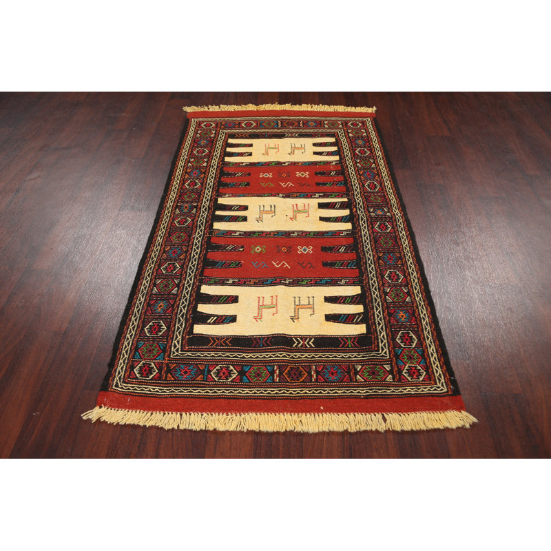 Tapis rouge / beige en laine fait à la main Kilim