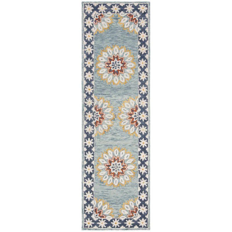 Tapis bleu / vert en laine touffeté à la main Jahiem, Tapis de couloir 2 pi 3 po x 8 pi