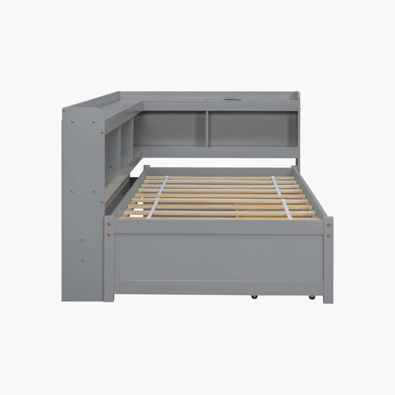 Lit-bibliothèque en forme de L gris en bois massif Watsons avec prises de courant, ports de chargement USB et deux tiroirs de rangement