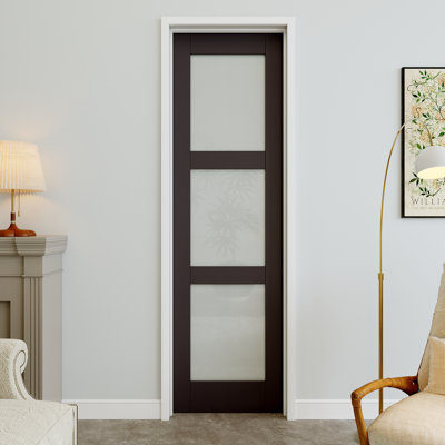 24" x 80" 3-Lite Black Frosted Glass Interior Prehung Door with Silver Hinges, Privacy Glass Door Slab, Sound-Dampening & Waterproof, Suit for Laundry, Closet Doors, Room Doors, Righ Hand