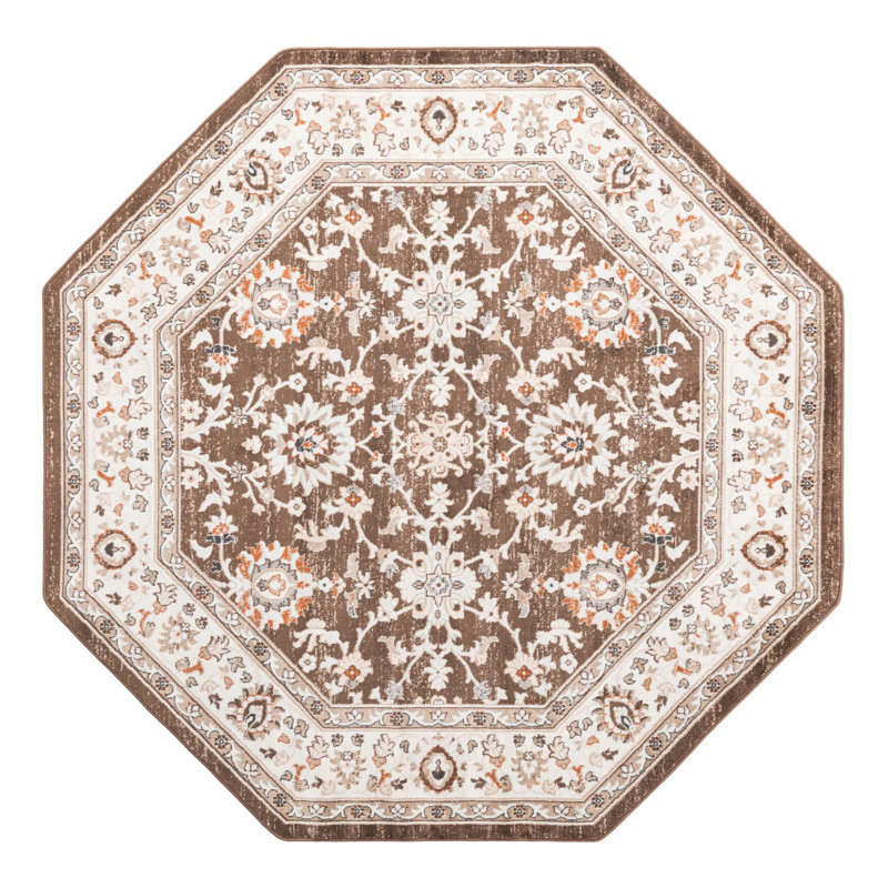 Tapis floral brun / ivoire Charlotte, Octogone 7 pi 10 po x 7 pi 10 po