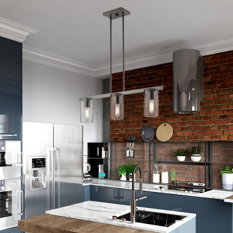 3 - Light Dimmable Kitchen Island Square / Rectangle Chandelier, Black Chrome