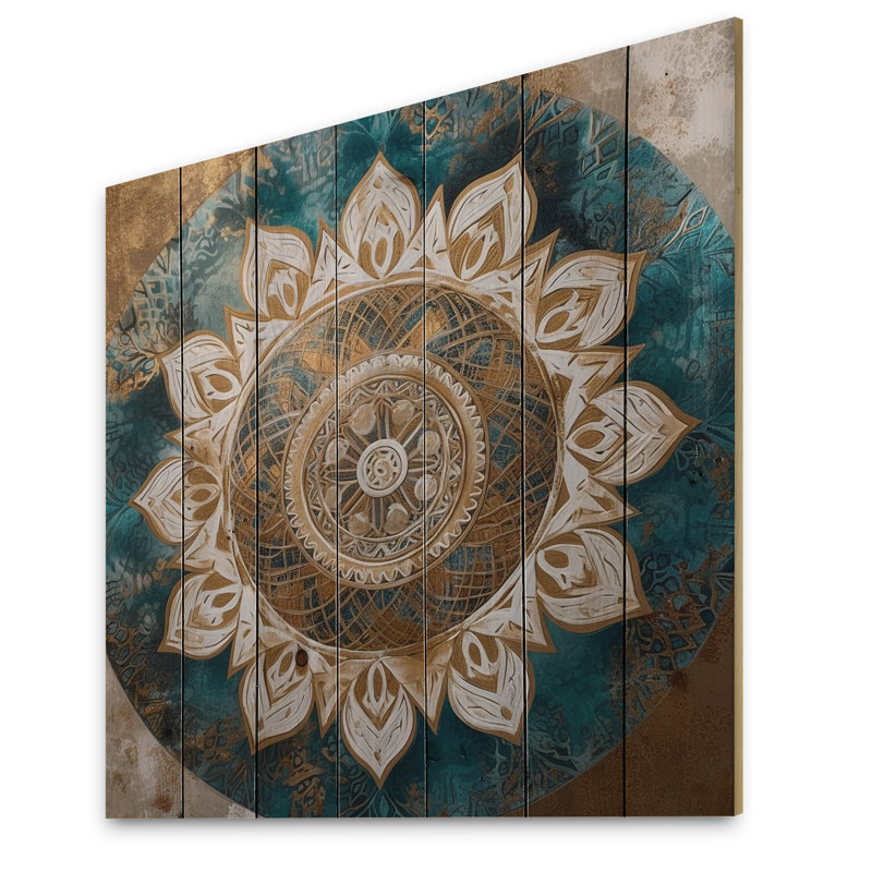 Sarcelle et mandala doré II - impression de mandala boho sur bois de pin naturel, H 35 po x l 35 po x P 0,78 po