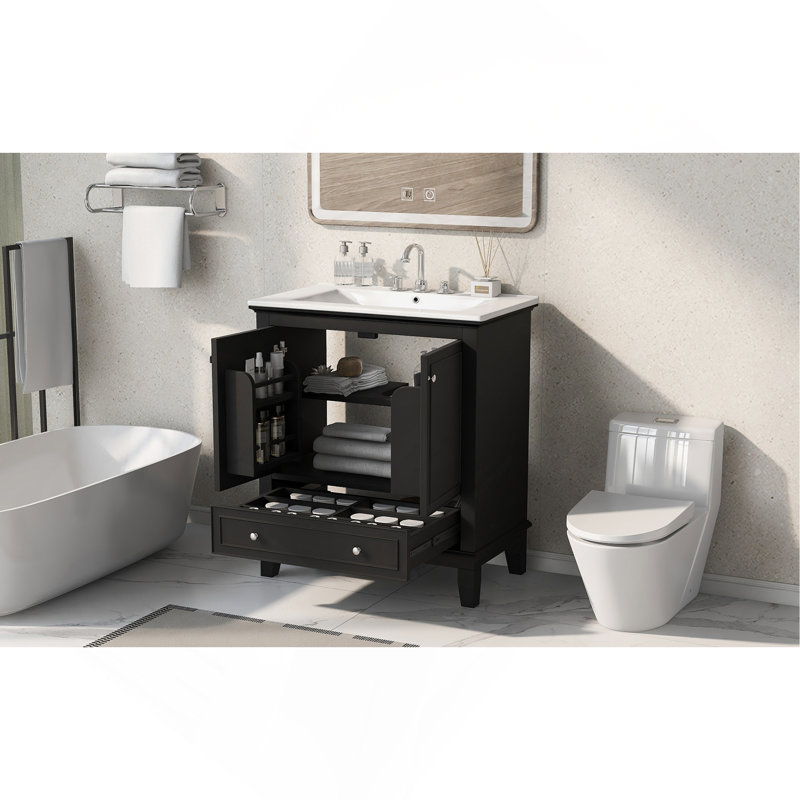 Meuble-lavabo 30 po avec lavabo, armoire multifonctionnelle avec portes et tiroir, bois massif et panneau de fibres à densité moyenne, noir