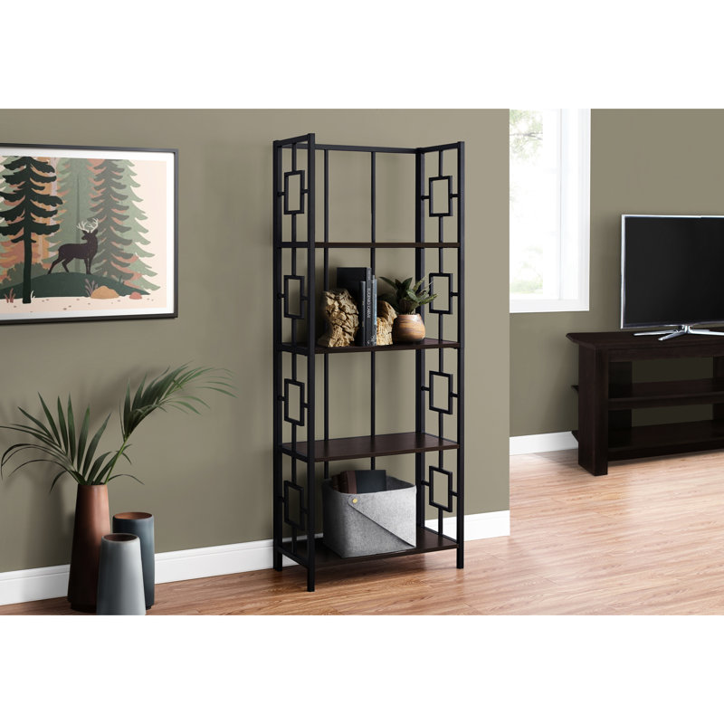 Stylish Metal Bookcase, 62" Tall, Dark Brown Laminate Shelves, For Bedroom 62"H 4 Tier & Black Metal, Space Office
