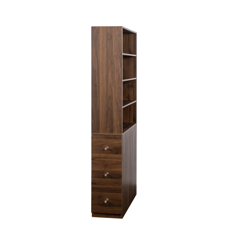 Vitrine, étagère à 4 niveaux, 3 tiroirs latéraux, Noyer