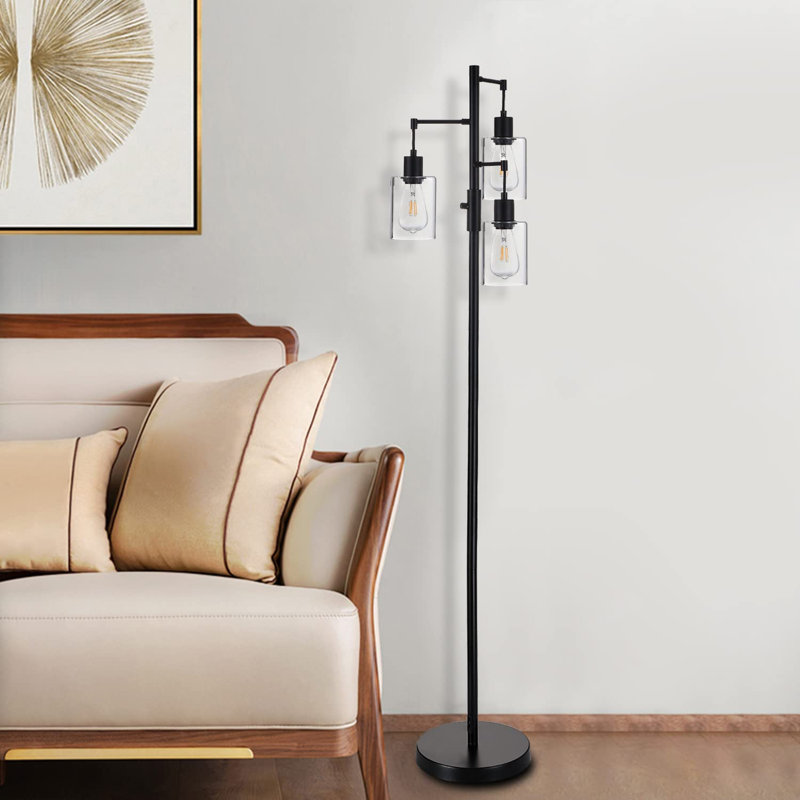 Samira Black Industrial Tree Floor Lamp With Dimmer Switch, 3 Adjustable Lights For Living Room, Bedroom