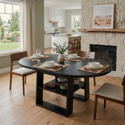 Table de salle à manger extensible ronde 43,3 "à 59" pour 4-6, table de cuisine ronde à ovale avec rallonge rabattable intégrée, base stable en H et tablette de rangement