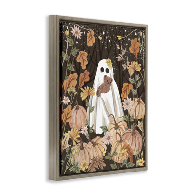 Pumpkins & Ghost with Teddy Bear Framed Floater Canvas Wall Art, design by Melissa Wang