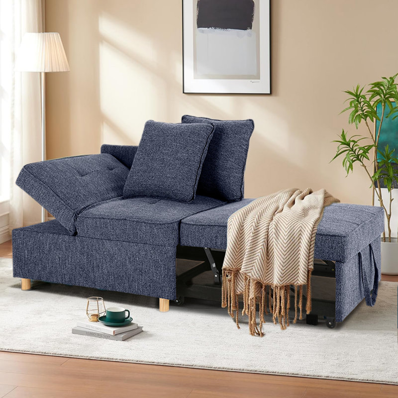 Adda 71" 4-in-1 Convertible Linen Upholstered Sleeper Sofa, Linen Sofa Chair for Small Space, Futon Sofa Bed with 2 Throw Pillows for Living Room, Single Recliner with 5 Adjustable Backrest for Bedroom Apartment