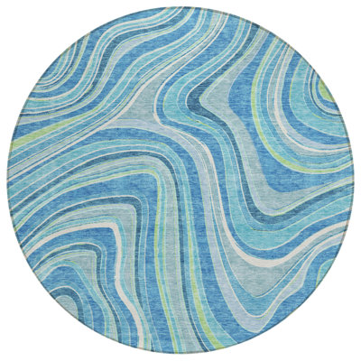 HomeRoots 8' Navy Blue And Denim Blue Round Abstract Washable Indoor Outdoor Area Rug