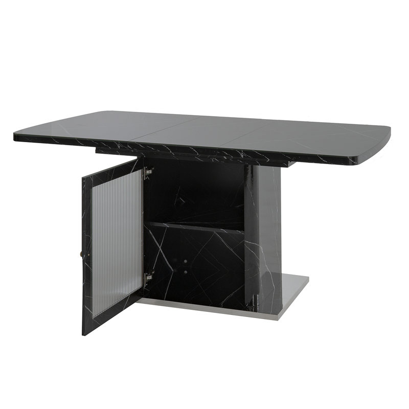 Table de salle à manger rectangulaire moderne de 47,24 à 63 po, extensible, avec plateau de table en marbre noir imprimé et pieds de table de rangement avec base en métal