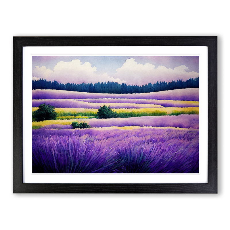 Lavender Field Watercolour Vol.6 - Single Picture Frame Rectangle Print, Black Framed, 46cm H x 64cm W x 2cm D