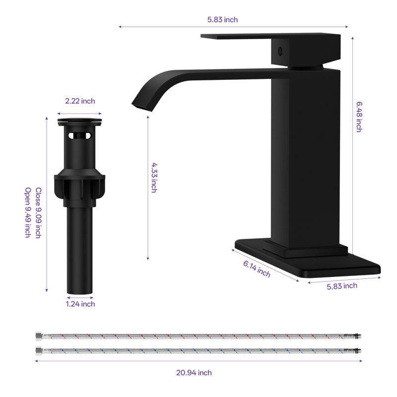 Robinet pour salle de bain à poignée simple à arc simple avec drain escamotable noir mat Waterfall, Noir mat