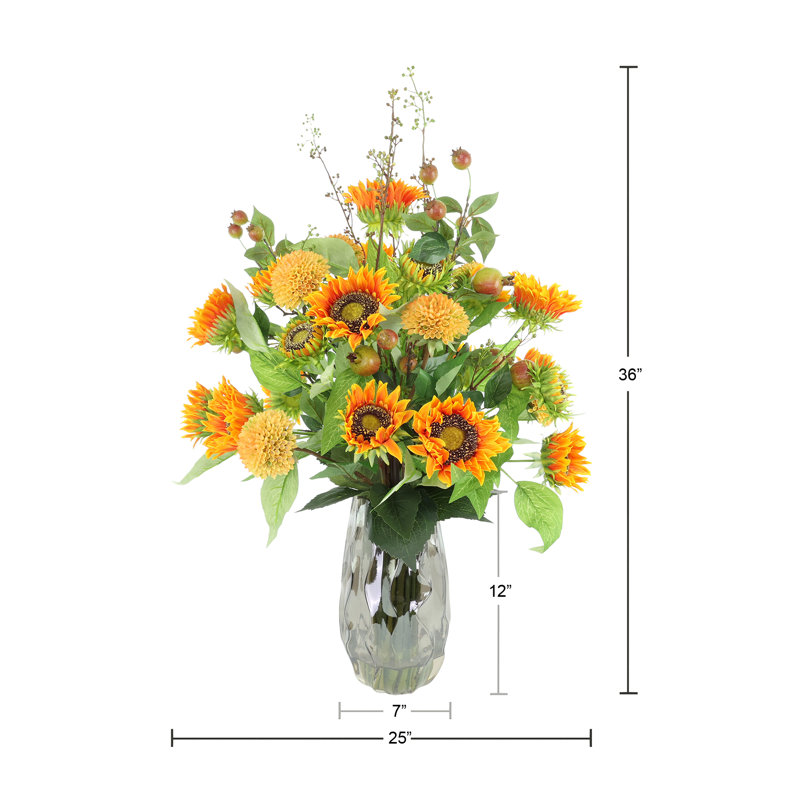 Sunflower, Dahlia and Pomegranate Fall Arrangement in a Glass Vase, 36" H x 25" W x 25" W