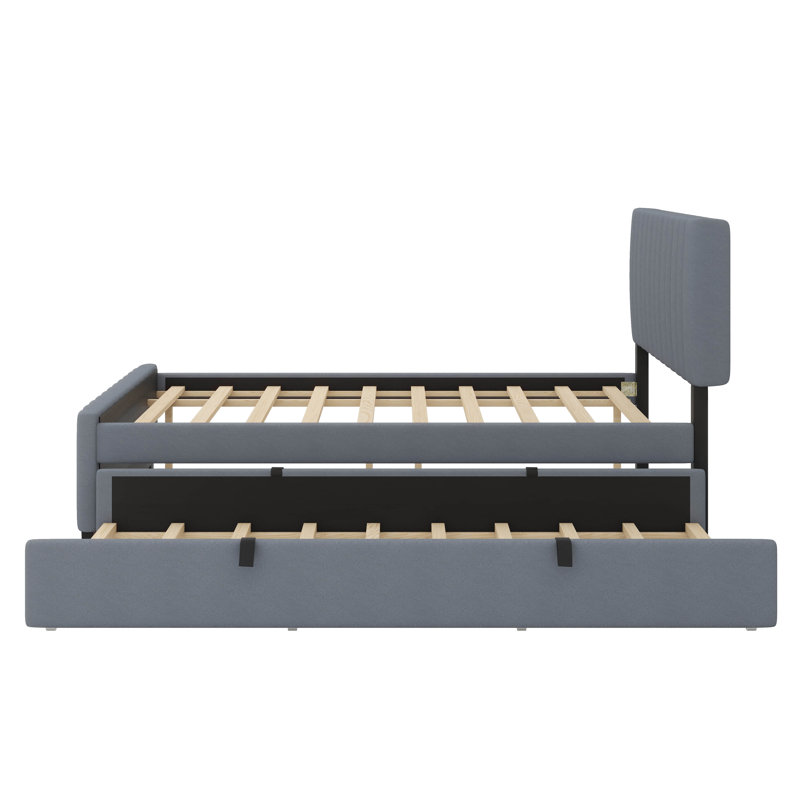 Elegant Full-Size Velvet Platform Bed With Practical Twin-Size Pull-Out Trundle, Grey