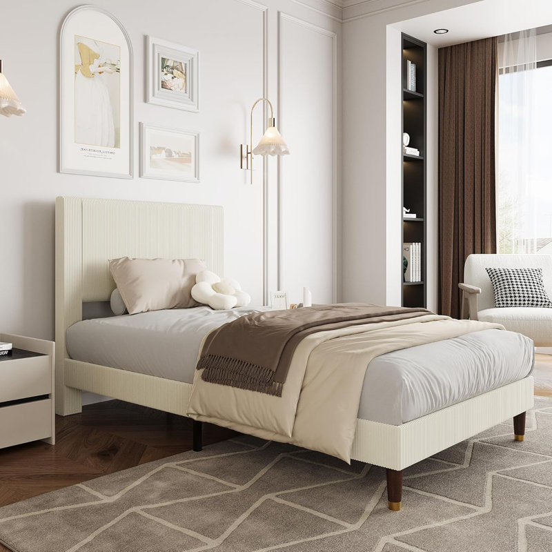 Base de lit plateforme tapissier, tête de lit en tissu et lattes en bois, Beige, King